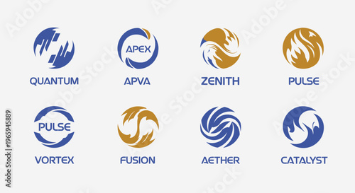 Abstract logo designs in circular shapes with various dynamic graphic elements