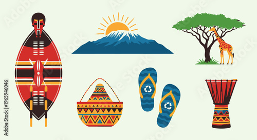 African culture icon set shield mountains tree giraffe drums and more