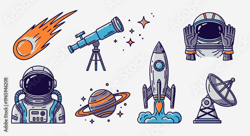 Astronomy and space exploration elements illustrated on a white background