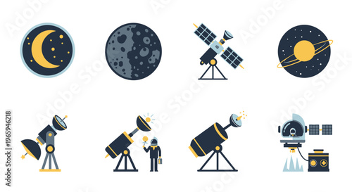Astronomy and space exploration icons moon satellite telescope and stars