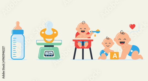 Baby items and infants in colorful cartoon illustration on a light background