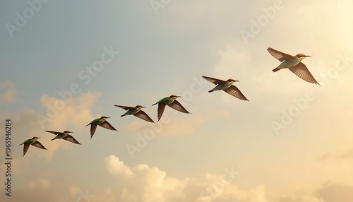 A flock of birds gracefully flies in a V-formation across a cloudy blue sky at sunset.