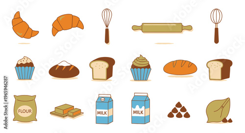 Bakery items collection various baked goods and cooking tools vector illustrations