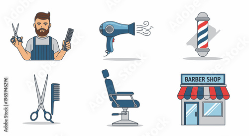 Barber shop illustration set tools chair barber pole and shop front