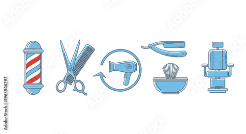 Barber shop tools and equipment vector illustrations on white background