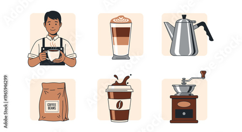 Barista with coffee and related objects vector illustrations set against white