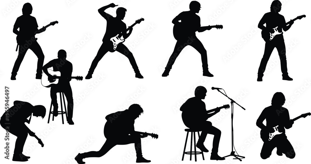 Fototapeta premium Guitar player silhouettes set, musicians performing electric and acoustic guitar in dynamic poses, live music performance collection isolated vector illustration for concert, band and entertainment 