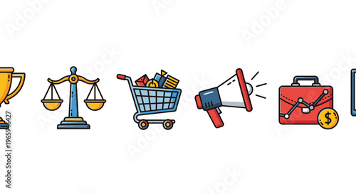 Business and commerce icons set against a white background for various concepts