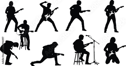 Guitar player silhouettes set, musicians performing electric and acoustic guitar in dynamic poses, live music performance collection isolated vector illustration for concert, band and entertainment 