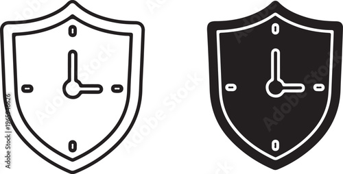 Two black and white shield with clock faces representing time security and protection concepts