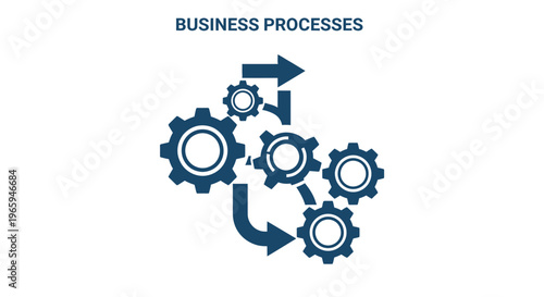 Business process illustration with gears and arrows on white background
