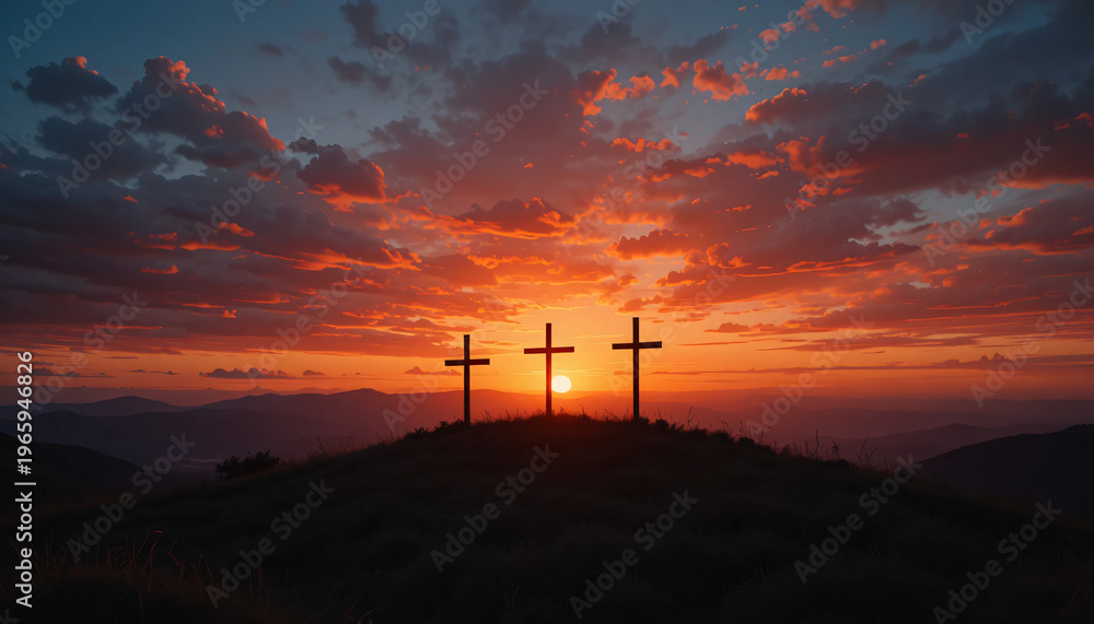 Obraz premium Three Crosses Silhouette on Hill with Dramatic Red Sunset Sky