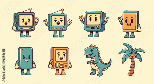 Cartoon characters of vintage t vs smartphone dinosaur and palm tree