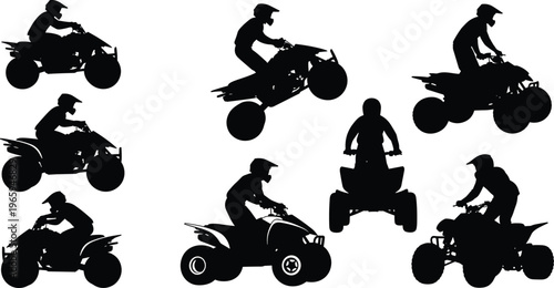 ATV rider silhouettes collection, people driving quad bikes in dynamic off road poses, extreme sport vehicle set isolated vector illustration for adventure, racing and outdoor activity concept