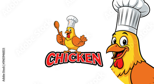 Cartoon chicken chef logo holding spoon culinary concept on white