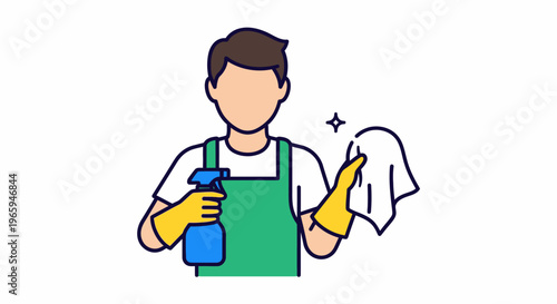 Cartoon cleaner holding spray bottle and cloth on white background