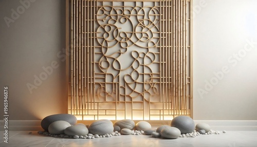 Serene Zen Garden with Intricate Wood Screen and Smooth Stones.