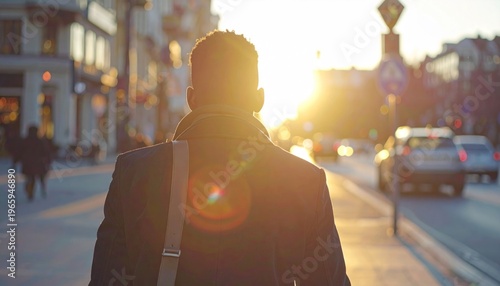 Man walking into the sunset on a city street.