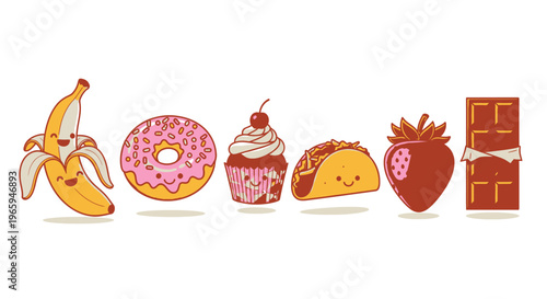Cartoon food collection banana donut cupcake taco strawberry chocolate