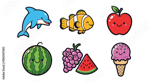 Cartoon illustrations of happy dolphin fish apple watermelon grape and ice cream