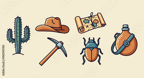 Cartoon illustrations of desert exploration elements including cactus and map