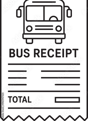 Printed paper receipt document for public transit bus representing transportation fare payment transaction outline vector icon
