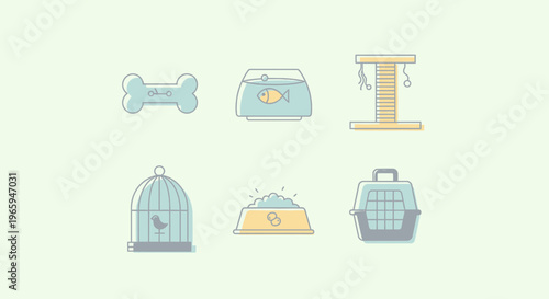 Cartoon pet supplies icons set bone food scratching post cage bowl