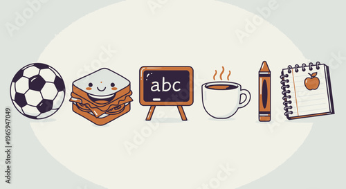 Cartoon school supplies and food items in orange and black on a white background