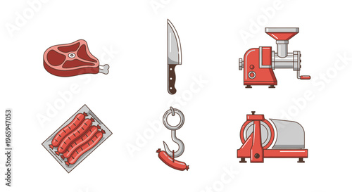 Cartoon meat cuts and butcher tools isolated on white background