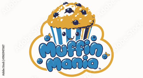 Cartoon muffin logo with blueberries and cloud element on white background