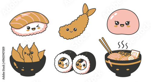 Cartoon sushi and japanese cuisine illustrations on white background