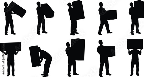 Delivery worker silhouettes set, men carrying boxes in various lifting and moving poses, logistics and warehouse activity collection isolated vector illustration for shipping and service concept