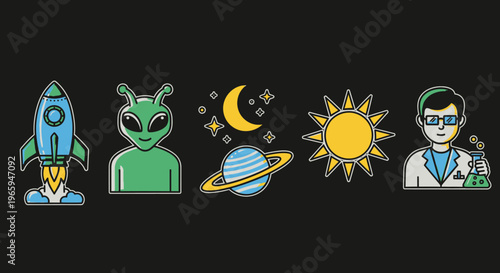 Cartoon space elements with rocket alien planets and scientist on black background
