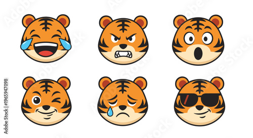 Cartoon tiger faces displaying various emotions on white background