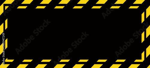 Warning sign with yellow and black diagonal lines. Attention, danger or caution symbol. Construction site signage, road safety notice, hazard banner, security alert shield. Vector illustration