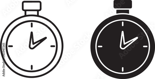 Two black and white stopwatch with outline and solid fill styles showing a clock face with a button on for timing events