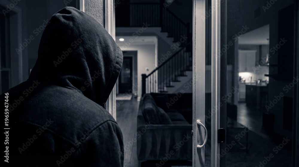 Naklejka premium Thief in hoodie standing at glass door of house at night. Robber breaking into home to commit burglary. Criminal activity, security threat and intruder entering residential building.