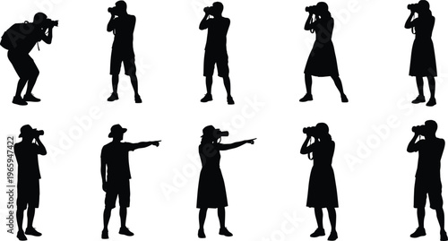 Photographer silhouettes collection, men and women using cameras in various shooting poses, professional photography activity set isolated vector illustration for media, journalism and creative 