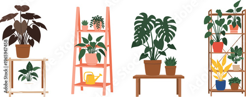 Set of Indoor Plant Display Icons Featuring Potted Plants on Shelves, Tables, and Plant Stands in Minimalist Style