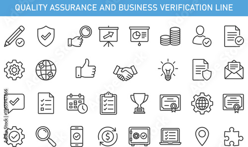 Quality assurance and business verification line icons set with approval checkmark security certification analytics trust service minimalist outline vector collection for corporate workflow design