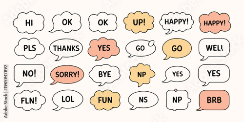 Speech bubbles with short words and phrases hi ok thanks yes no sorry bye lol fun np brb in different colors.