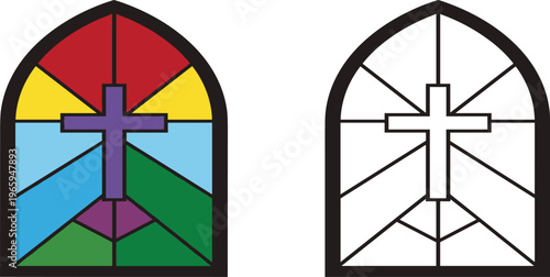  Colorful stained glass church window with purple cross including black and white coloring page version isolated on white background,