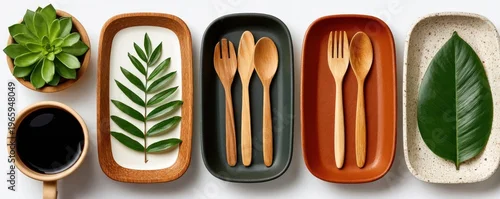 Obraz  z motywem Eco-friendly tableware flat lay with wooden cutlery, recyclable plates and green leaves for sustainable dining