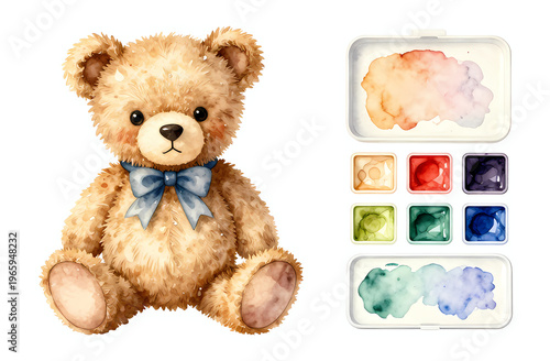 A teddy bear with a blue bow sits next to a palette of watercolor paints. The setting is simple and focused on creating art. This inspires creativity and play for all ages Generative AI