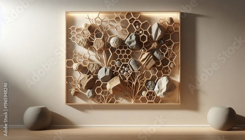 Intricate Hexagonal Honeycomb Art Installation with Natural Elements.