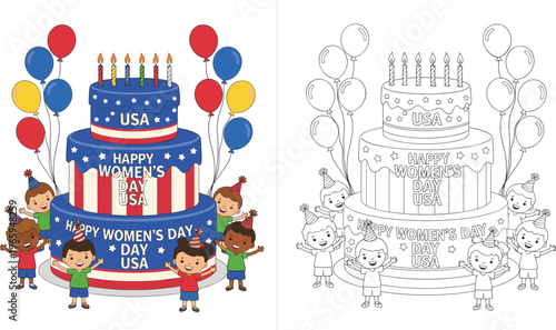  Cute cartoon diverse children celebrating Happy Women's Day USA with large tiered patriotic cake including black and white coloring page,