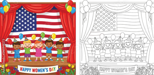 Cute cartoon construction worker showing building plans to diverse children including black and white coloring page version isolated white background,