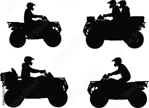 ATV rider silhouettes set, people driving quad bikes with helmets, off road adventure vehicle collection, extreme sport transportation isolated vector illustration for outdoor activity