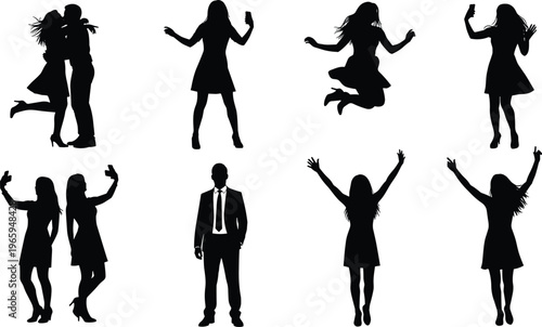 Black silhouettes collection of people posing for selfies jumping in joy celebrating success a businessman in a suit and a romantic couple kissing together