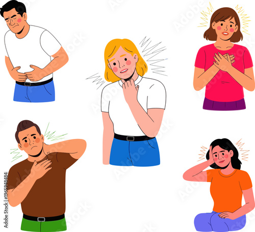 Diverse People Experiencing Different Pains: Chest Head Neck Stomach Discomfort Vector Illustration